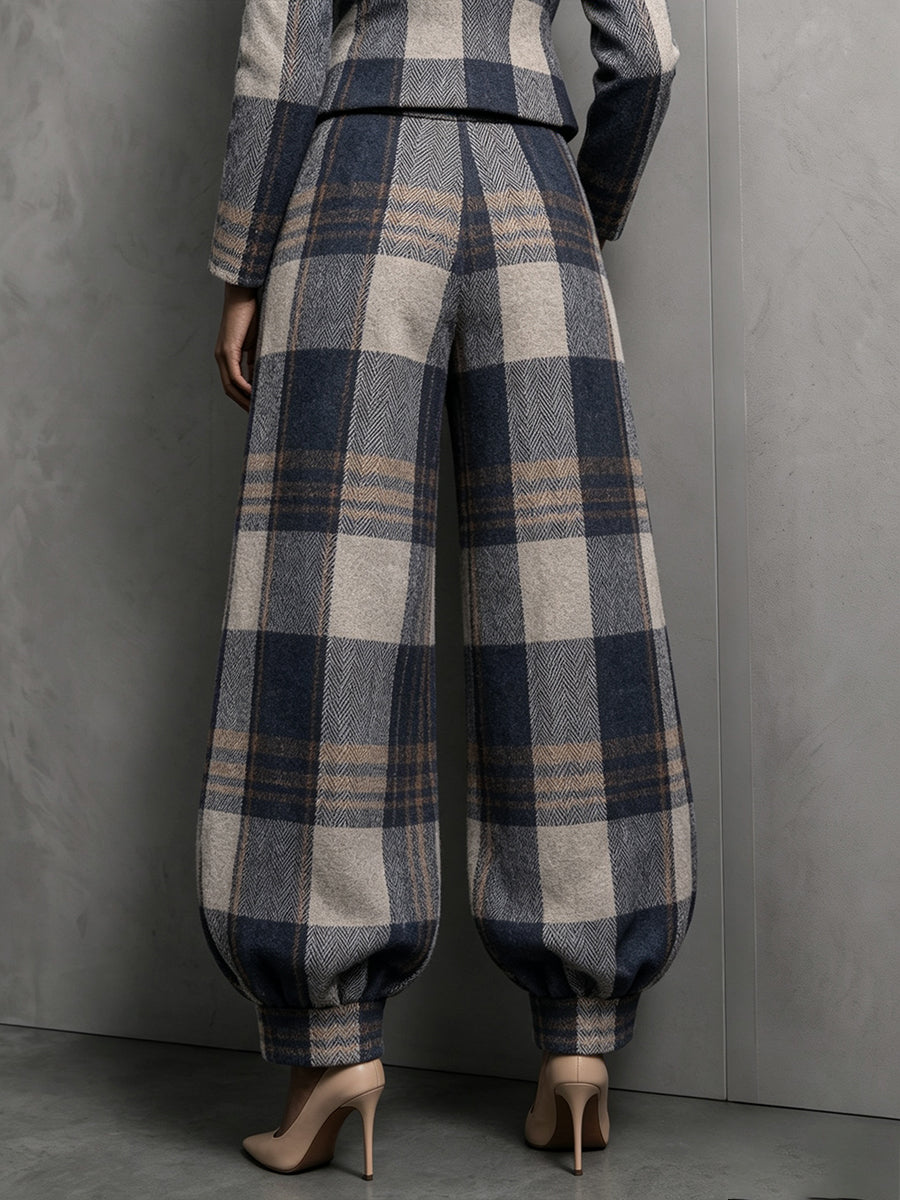 LEIRE | Pantalón de Cuadros de Talle Alto con Bajo Fruncido