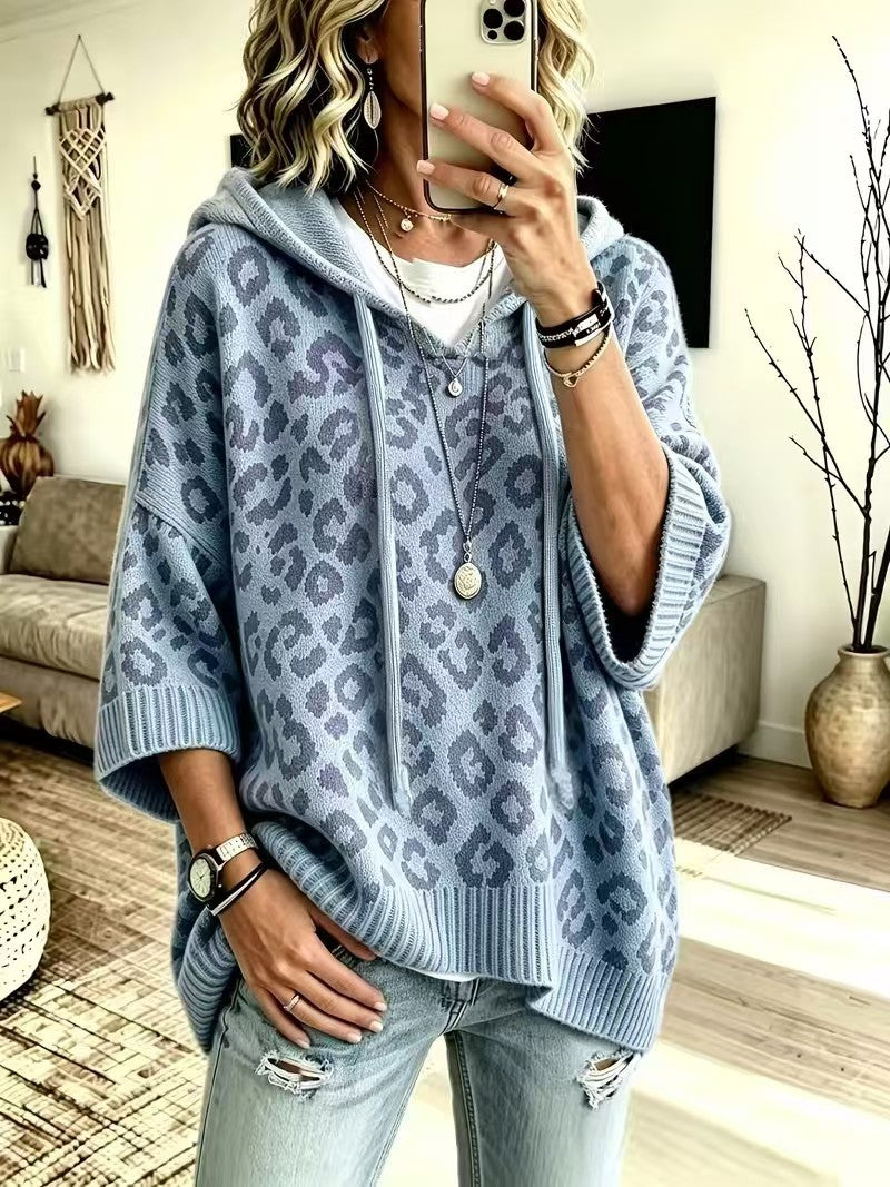 JUANA | Sudadera de Punto de Leopardo con Capucha y Escote en V