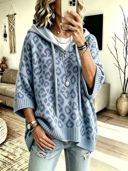 JUANA | Sudadera de Punto de Leopardo con Capucha y Escote en V