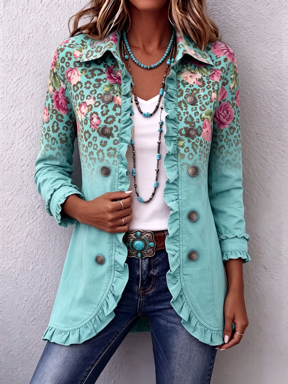 ITXASO | Chaqueta con Estampado de Flores y Leopardo y Volantes