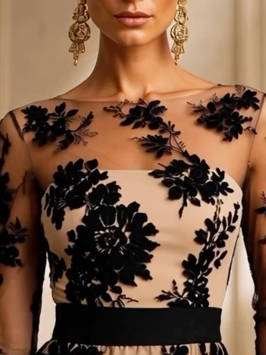 LOREA | Vestido Midi de Noche de Encaje Floral y Tul