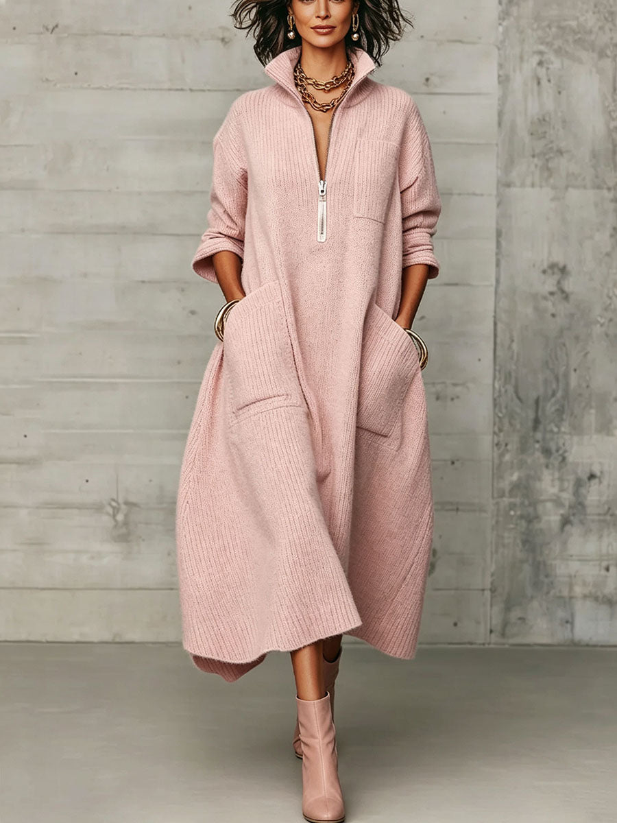 MILAGROS | Vestido Midi de Punto de Canalé con Cremallera y Cuello Alto