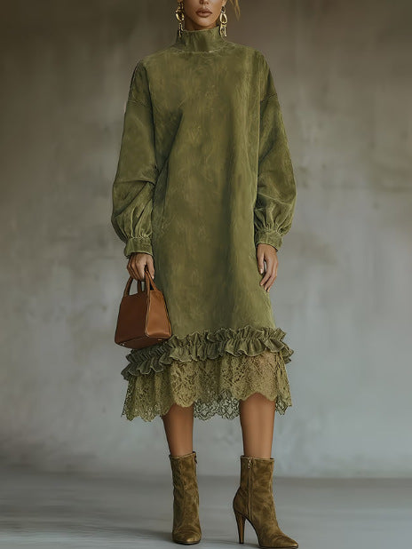 MARGARITA | Vestido Midi Efecto Ante con Volantes y Bajo de Encaje