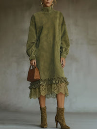 MARGARITA | Vestido Midi Efecto Ante con Volantes y Bajo de Encaje