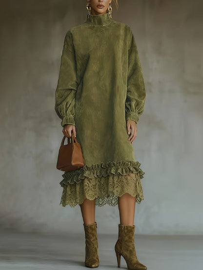 MARGARITA | Vestido Midi Efecto Ante con Volantes y Bajo de Encaje