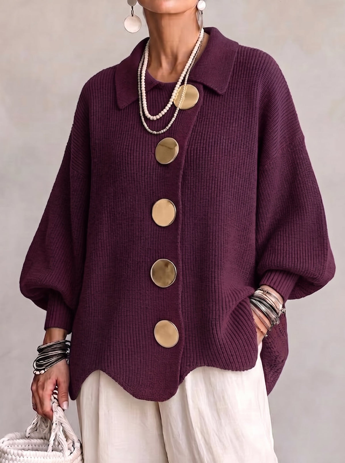 IRENE | Cárdigan Oversize con Cuello y Botones Dorados XL