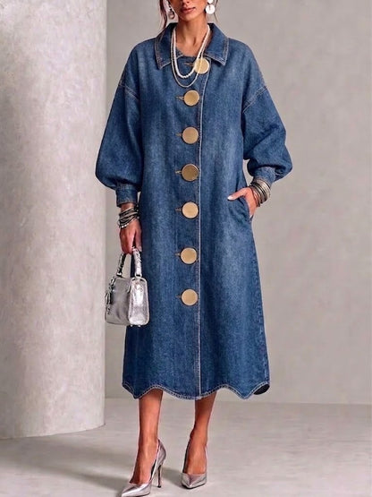 OLIVIA | Vestido Midi Vaquero con Mangas Farol y Botones Dorados