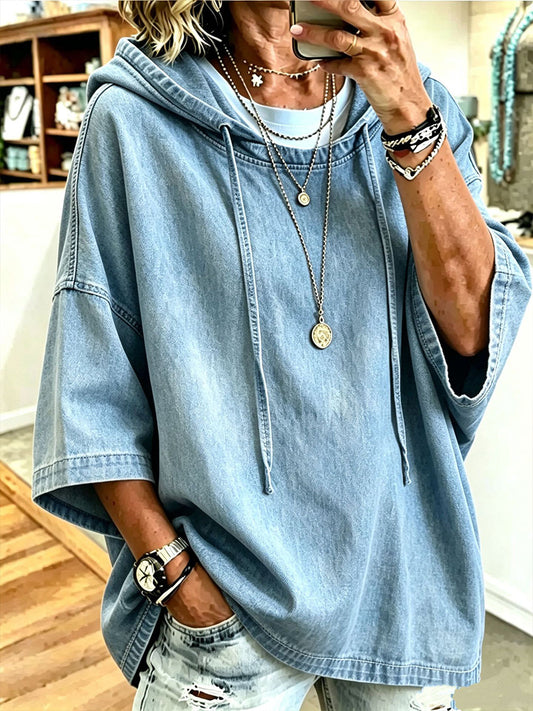 KARINA | Sudadera Oversize de Chambray con Capucha y Manga Corta