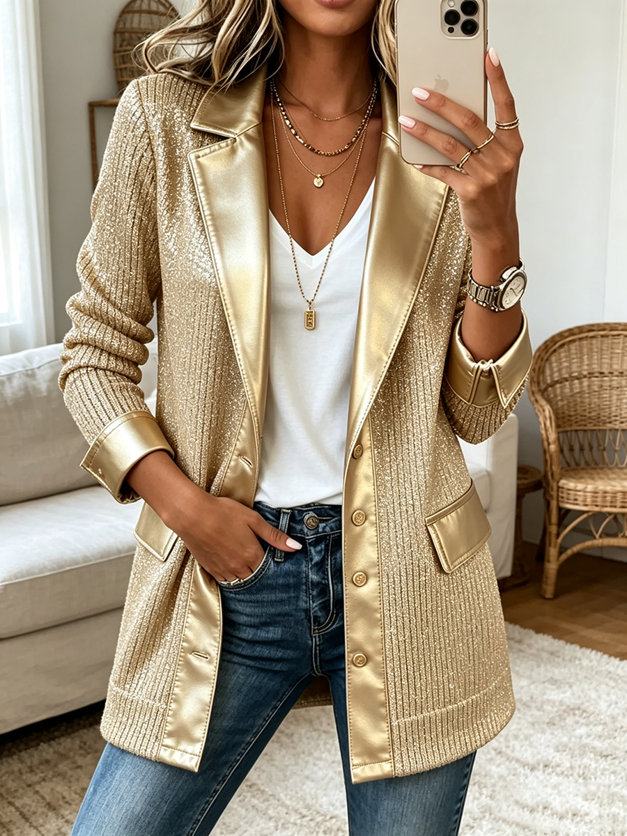 JOAQUINA | Blazer de Punto Metalizado Dorado con Detalles de Polipiel