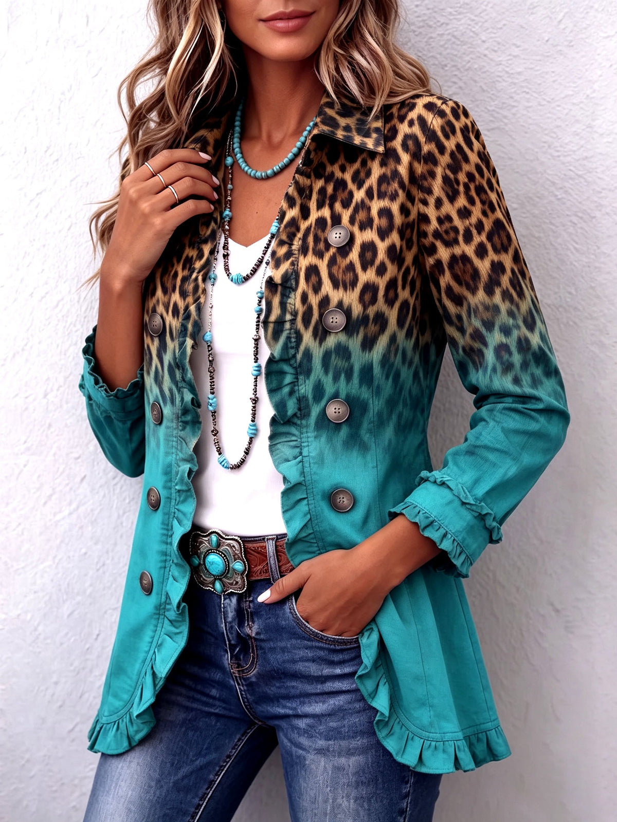 IMELDA | Blazer Cruzado de Leopardo Degradado con Volantes