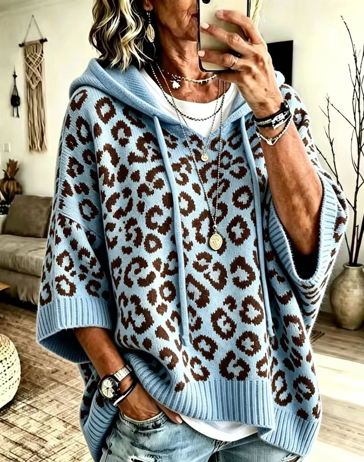 JUANA | Sudadera de Punto de Leopardo con Capucha y Escote en V