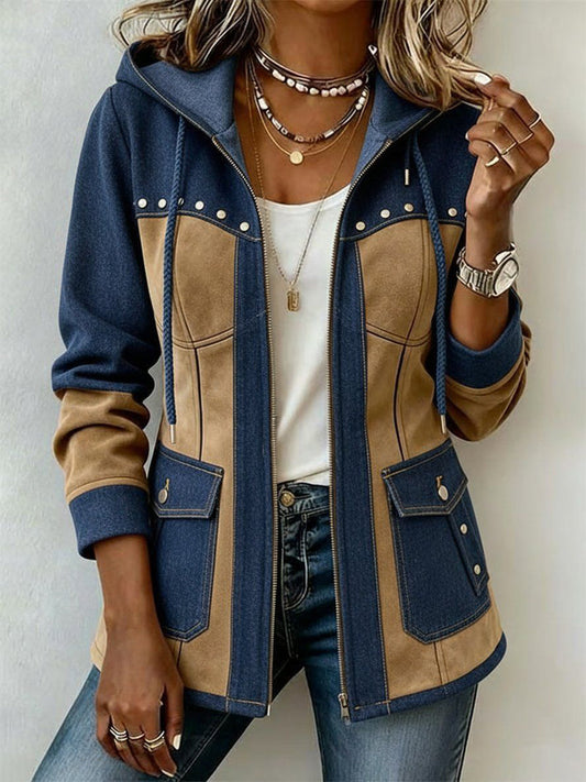 MARTA | Chaqueta con Capucha en Azul Marino y Camel