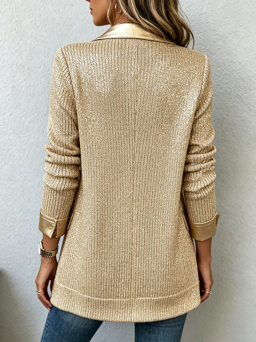 JOAQUINA | Blazer de Punto Metalizado Dorado con Detalles de Polipiel