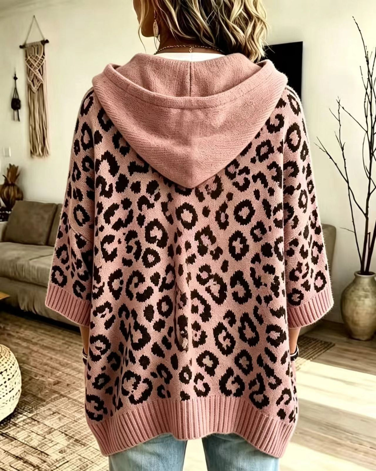 JUANA | Sudadera de Punto de Leopardo con Capucha y Escote en V