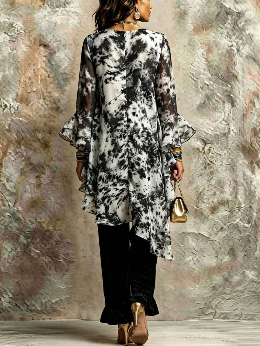 NIEVES | Conjunto de Túnica Asimétrica Tie-Dye y Pantalón con Volante