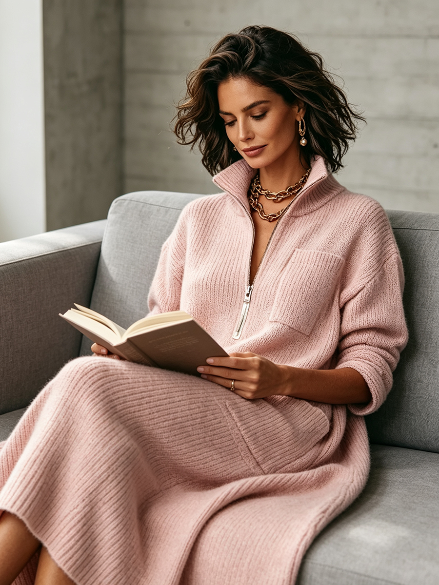 MILAGROS | Vestido Midi de Punto de Canalé con Cremallera y Cuello Alto