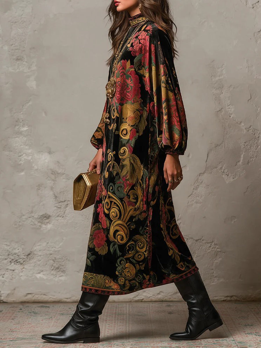 ÁUREA | Vestido Midi de Terciopelo Estampado con Cuello Alto y Mangas Globo