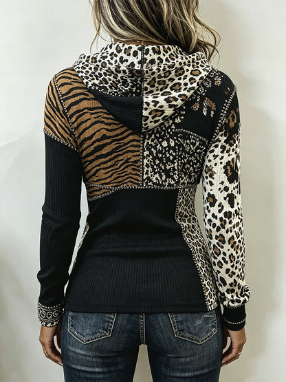 LUNA | Sudadera de Canalé con Capucha y Patchwork Animal Print