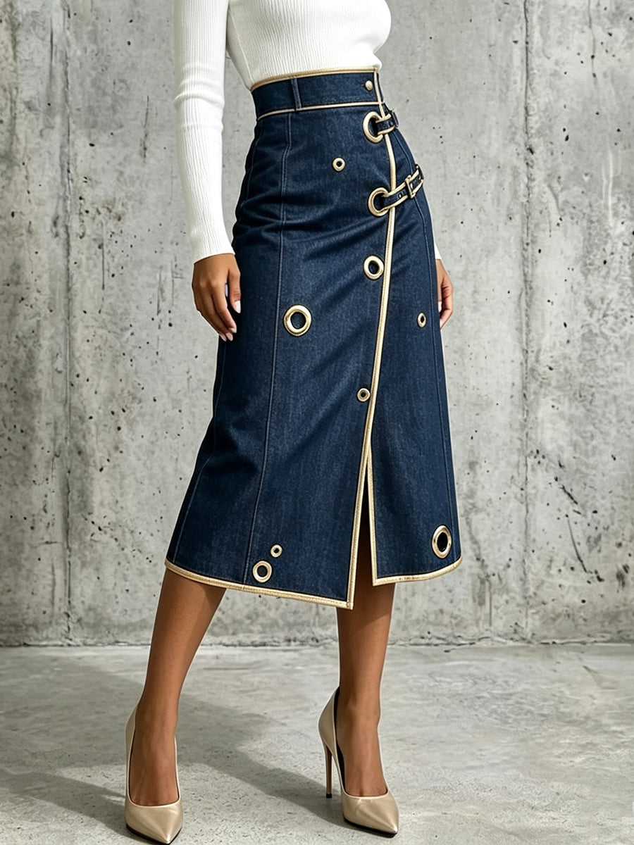 LUCINDA | Falda Midi Cruzada Vaquera con Ribetes Dorados