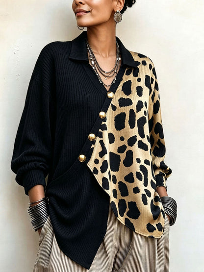 MARISOL | Jersey Asimétrico Color Block con Estampado de Leopardo