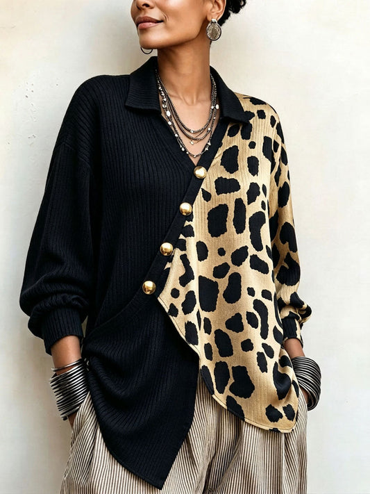 MARISOL | Jersey Asimétrico Color Block con Estampado de Leopardo