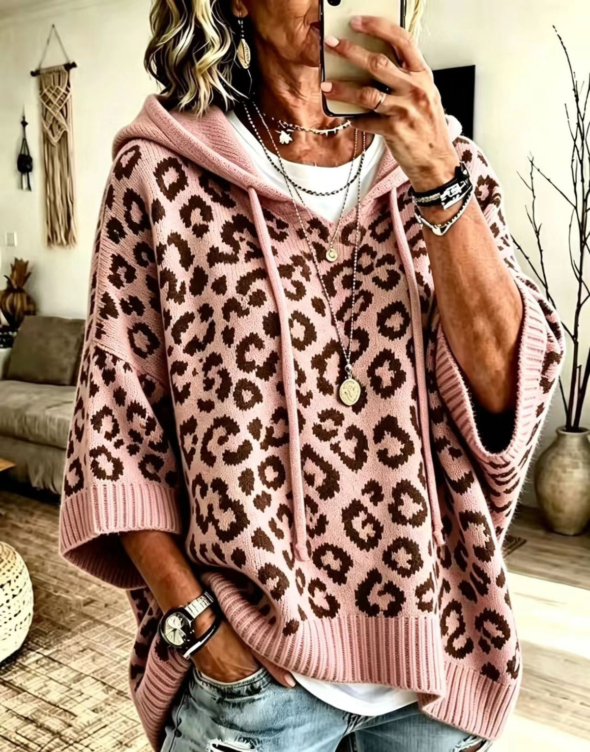 JUANA | Sudadera de Punto de Leopardo con Capucha y Escote en V