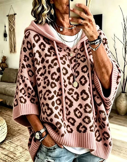 JUANA | Sudadera de Punto de Leopardo con Capucha y Escote en V
