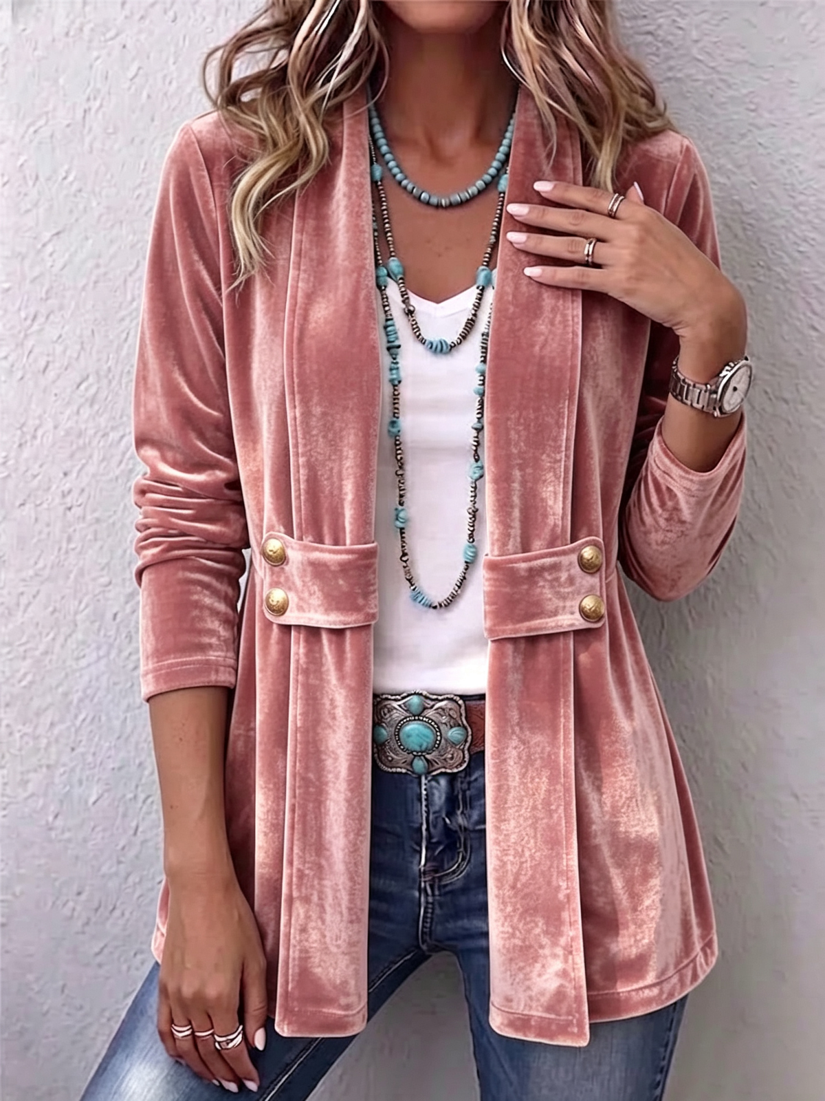 LINA | Chaqueta de Terciopelo Abierta con Solapas y Botones Decorativos
