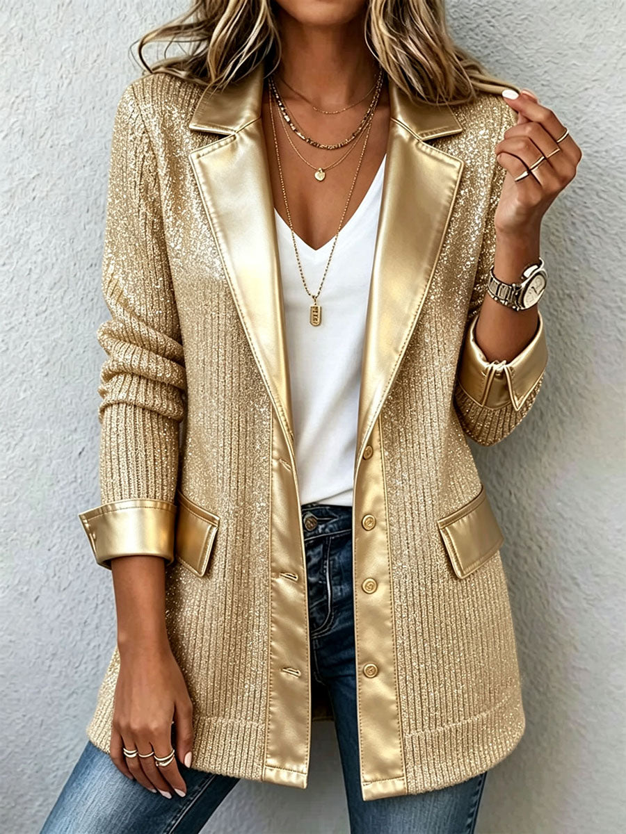 JOAQUINA | Blazer de Punto Metalizado Dorado con Detalles de Polipiel