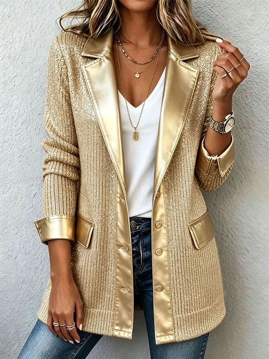 JOAQUINA | Blazer de Punto Metalizado Dorado con Detalles de Polipiel