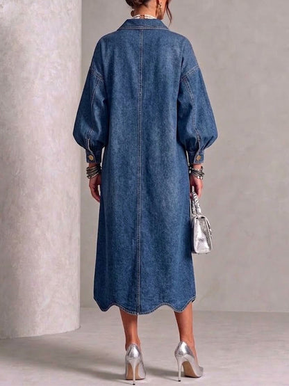 OLIVIA | Vestido Midi Vaquero con Mangas Farol y Botones Dorados