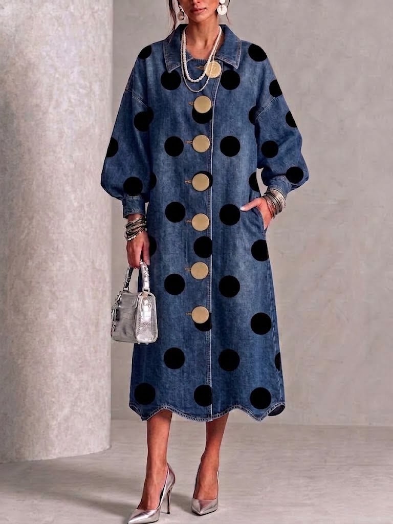 OFELIA | Vestido Midi Vaquero de Lunares con Botones Dorados