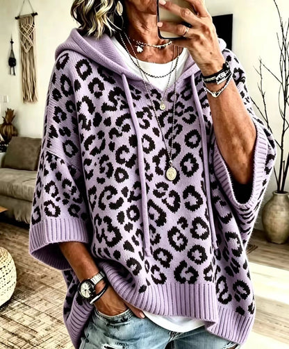 JUANA | Sudadera de Punto de Leopardo con Capucha y Escote en V