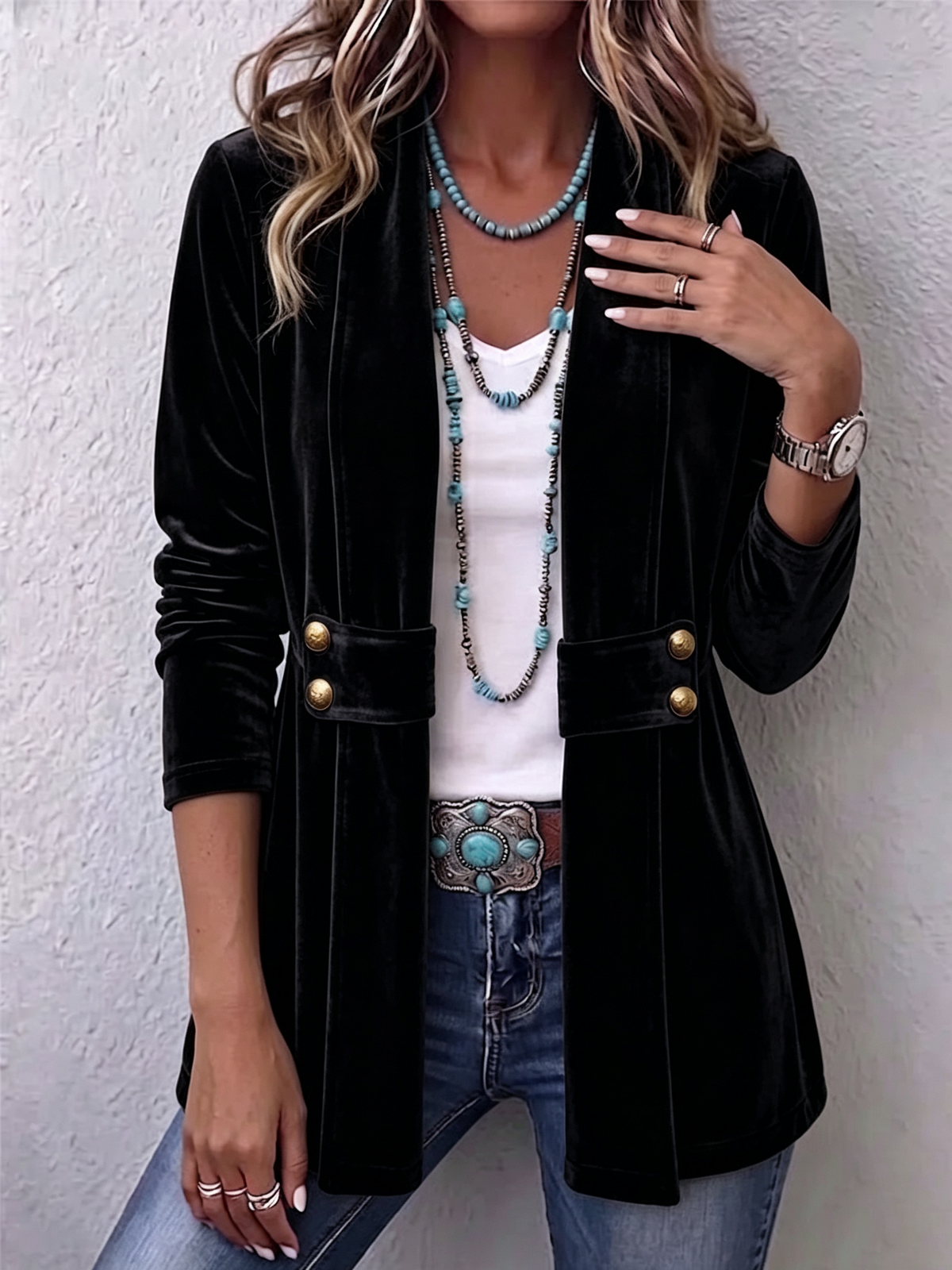 LINA | Chaqueta de Terciopelo Abierta con Solapas y Botones Decorativos