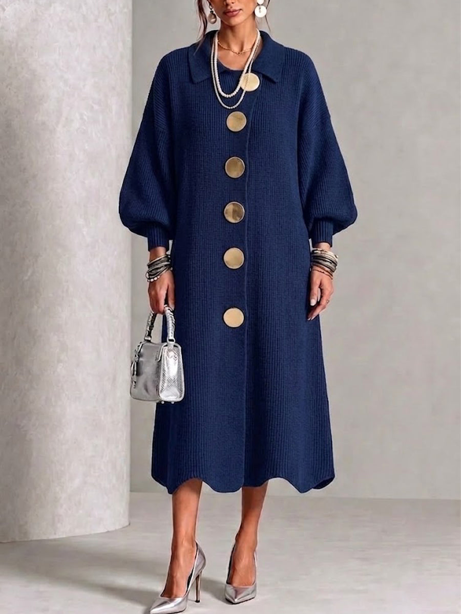 MARA | Vestido Largo de Punto de Canalé con Botones Dorados