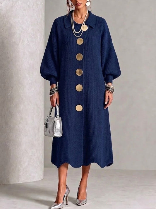 MARA | Vestido Largo de Punto de Canalé con Botones Dorados