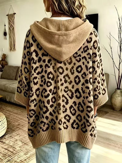 JUANA | Sudadera de Punto de Leopardo con Capucha y Escote en V