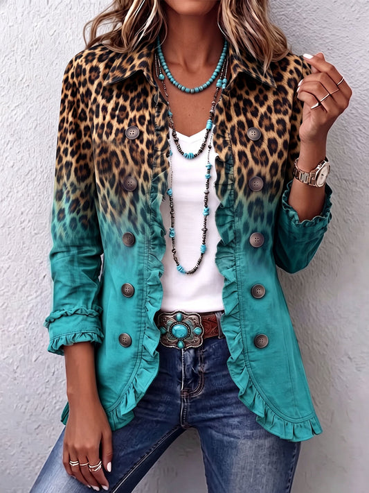 IMELDA | Blazer Cruzado de Leopardo Degradado con Volantes