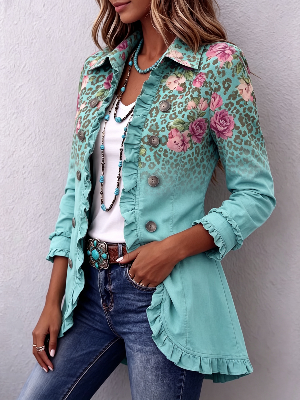 ITXASO | Chaqueta con Estampado de Flores y Leopardo y Volantes