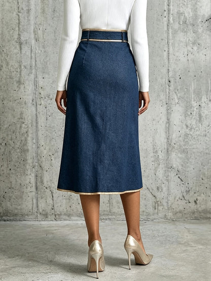 LUCINDA | Falda Midi Cruzada Vaquera con Ribetes Dorados
