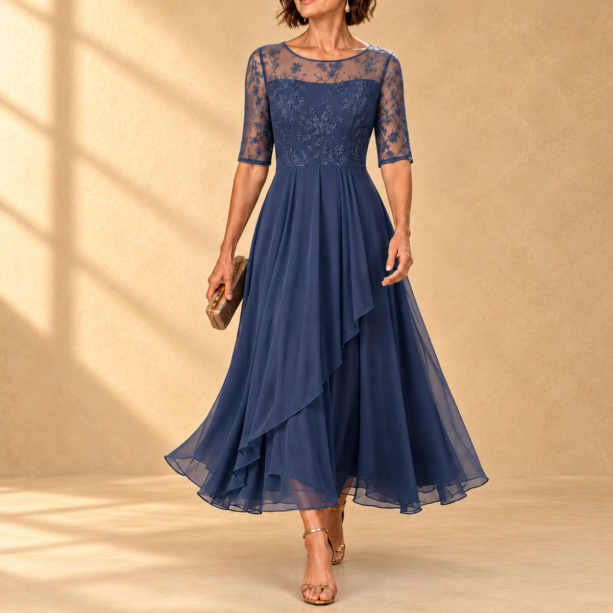 PASTORA | Vestido Midi con Cuerpo de Encaje y Falda de Gasa en Capas