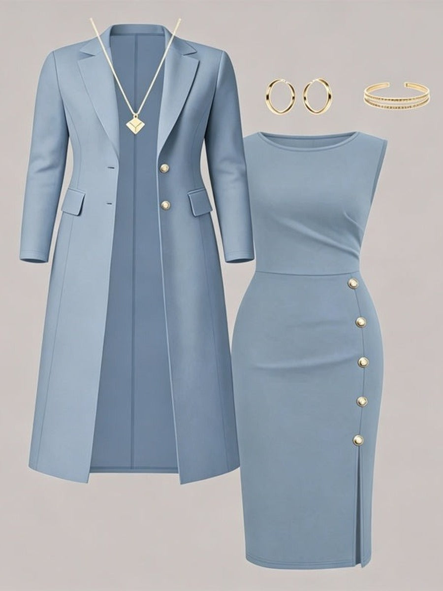 ZAIDA | Conjunto de Blazer Larga y Vestido sin Mangas con Botones Dorados