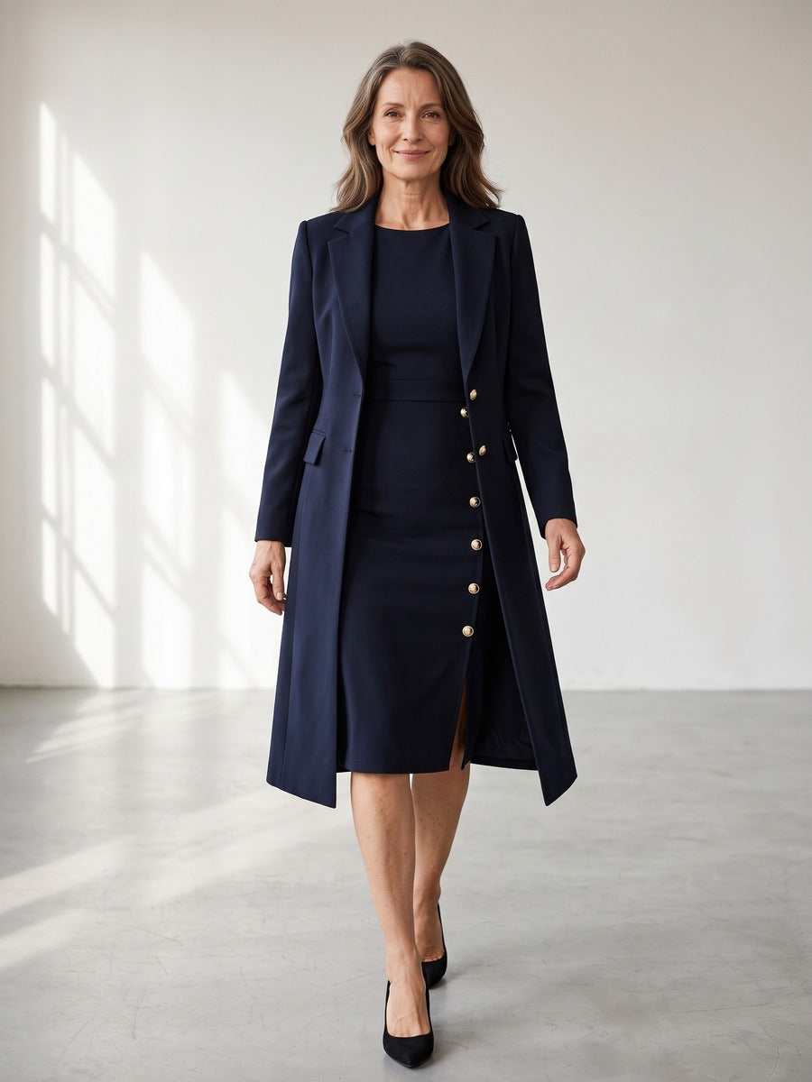 ZAIDA | Conjunto de Blazer Larga y Vestido sin Mangas con Botones Dorados
