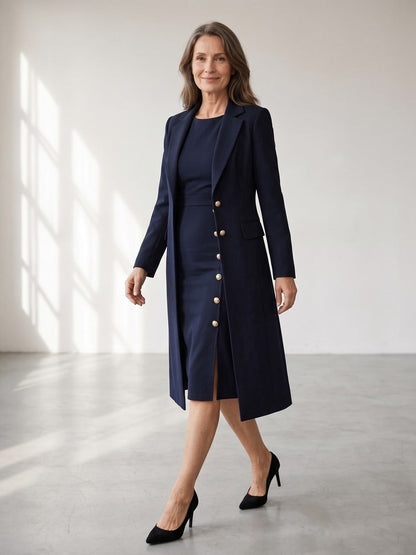 ZAIDA | Conjunto de Blazer Larga y Vestido sin Mangas con Botones Dorados
