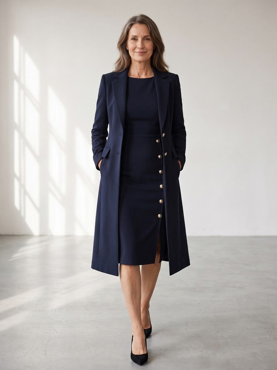 ZAIDA | Conjunto de Blazer Larga y Vestido sin Mangas con Botones Dorados