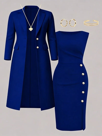 ZAIDA | Conjunto de Blazer Larga y Vestido sin Mangas con Botones Dorados