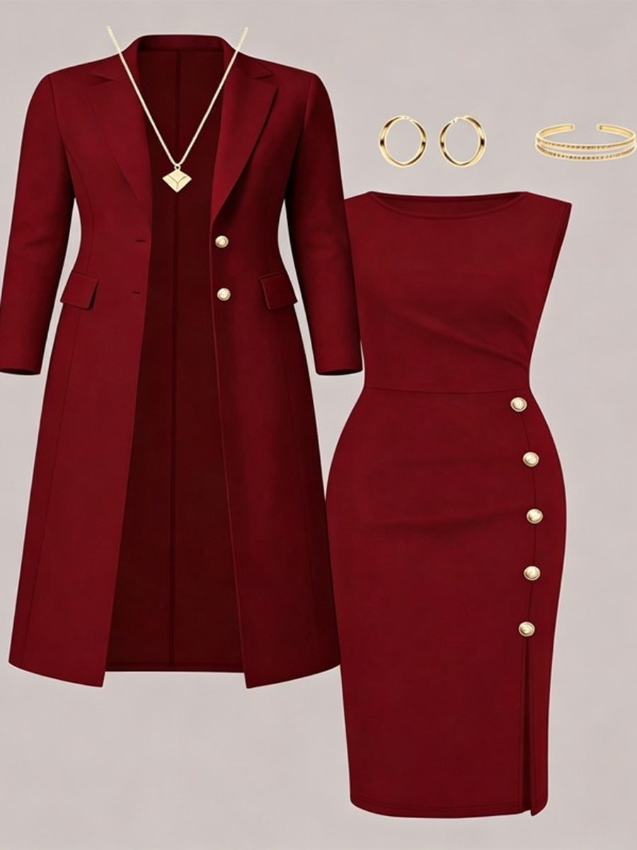 ZAIDA | Conjunto de Blazer Larga y Vestido sin Mangas con Botones Dorados