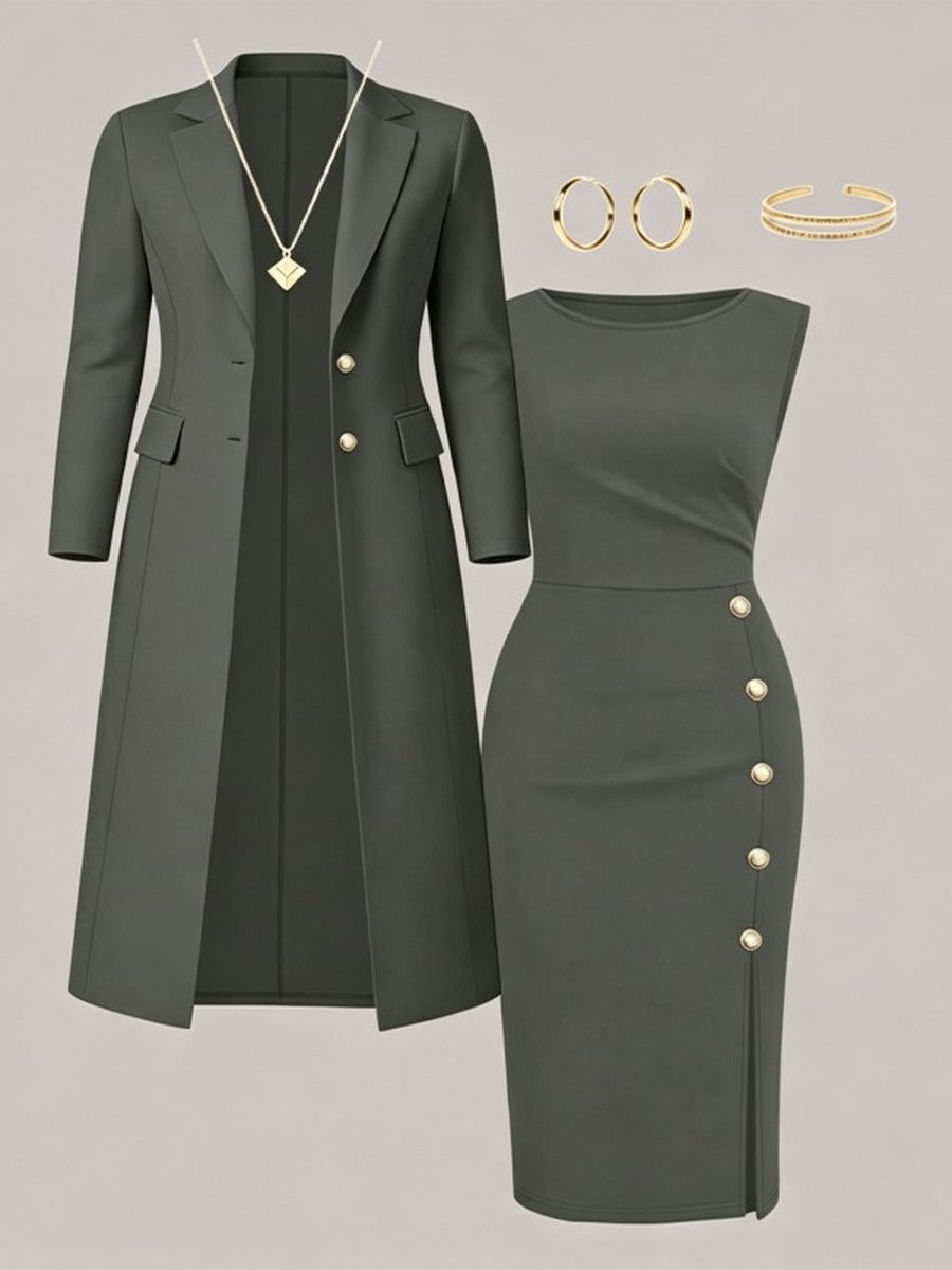 ZAIDA | Conjunto de Blazer Larga y Vestido sin Mangas con Botones Dorados
