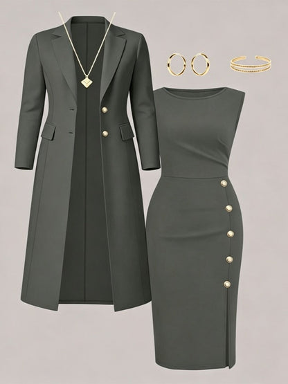ZAIDA | Conjunto de Blazer Larga y Vestido sin Mangas con Botones Dorados