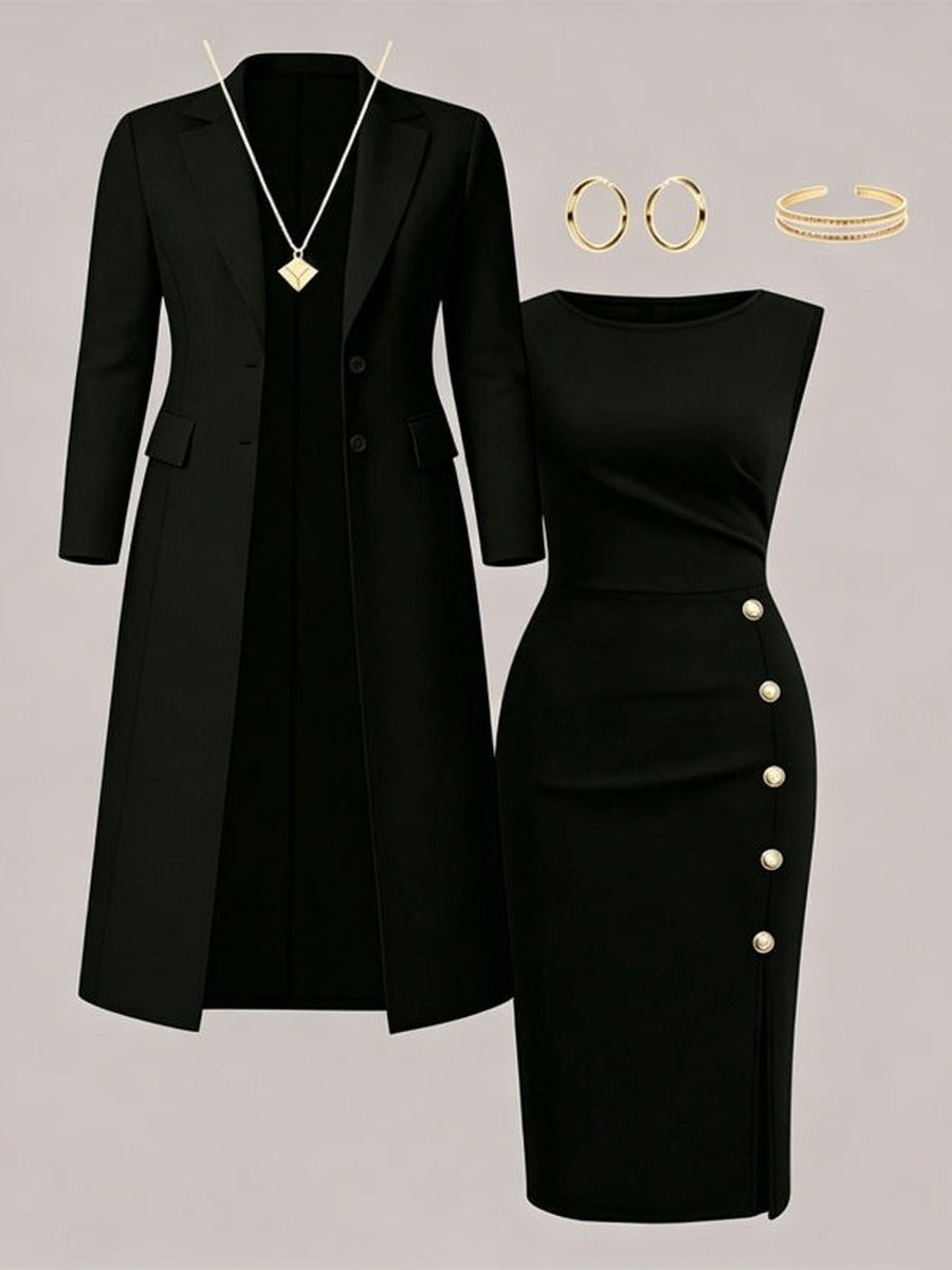 ZAIDA | Conjunto de Blazer Larga y Vestido sin Mangas con Botones Dorados
